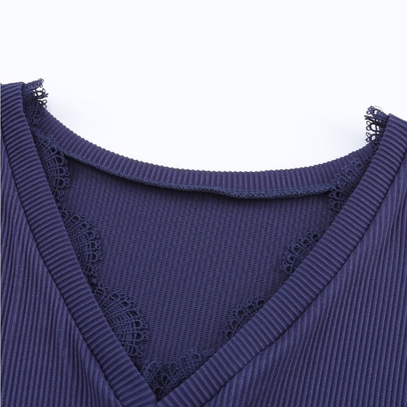 🔥🔥Blue Ribbed Lace Trim V Neck Long Sleeve Top - Picture 6 of 7